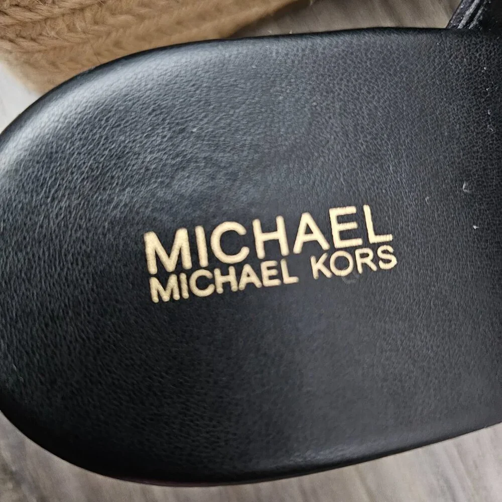 Michael Kors New Women's Jilly Logo Leather Espadrille Wedge Sandals Black 8.5